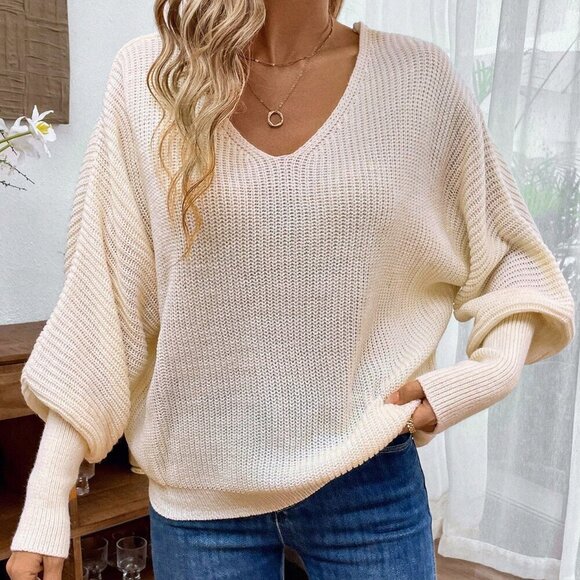 Apricot Casual Women's V-Neck Loose Fit Long Sleeve Sweater With Back Strap - Picture 1 of 6